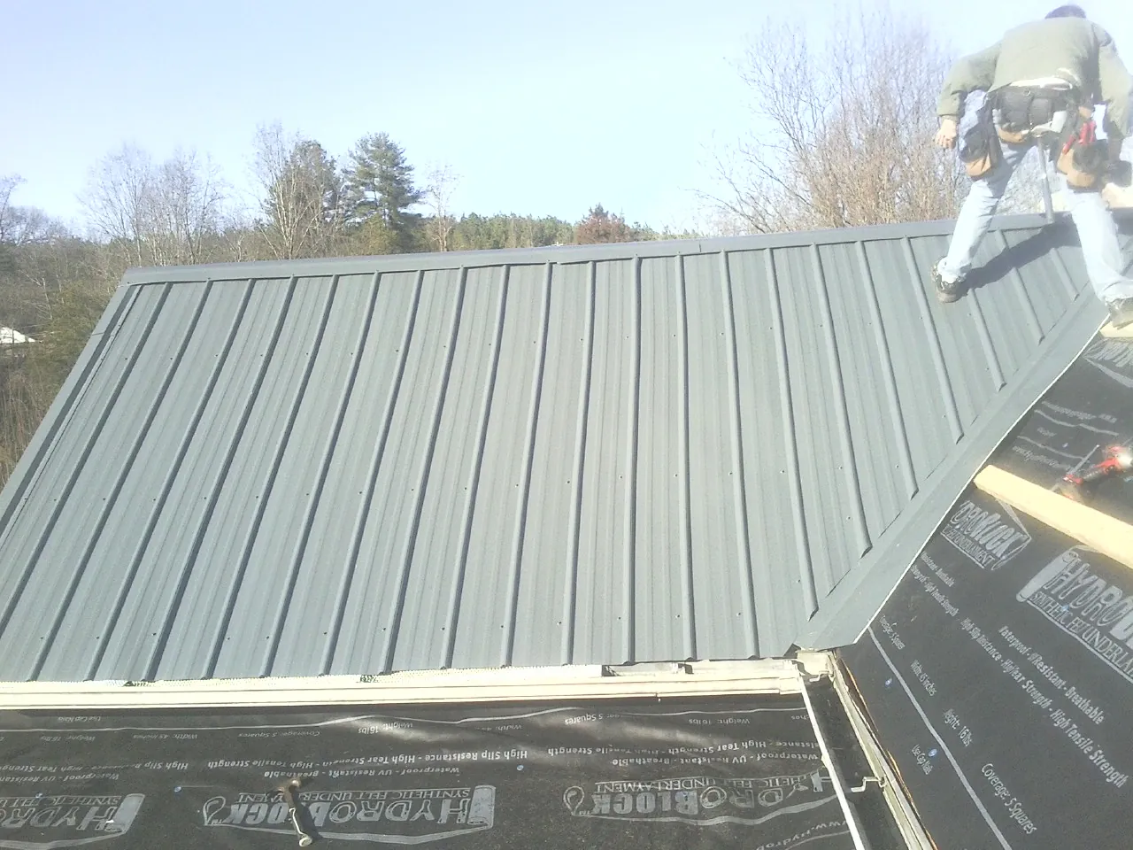 Crew installing dark green standing seam panels over synthetic underlayment in Coolin