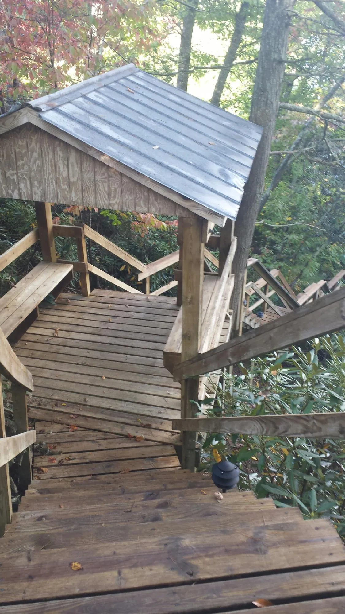 Metal roofed shelter over wooden steps on a wooded walkway — Skylight Repair & Installation work by our crew in Coolin